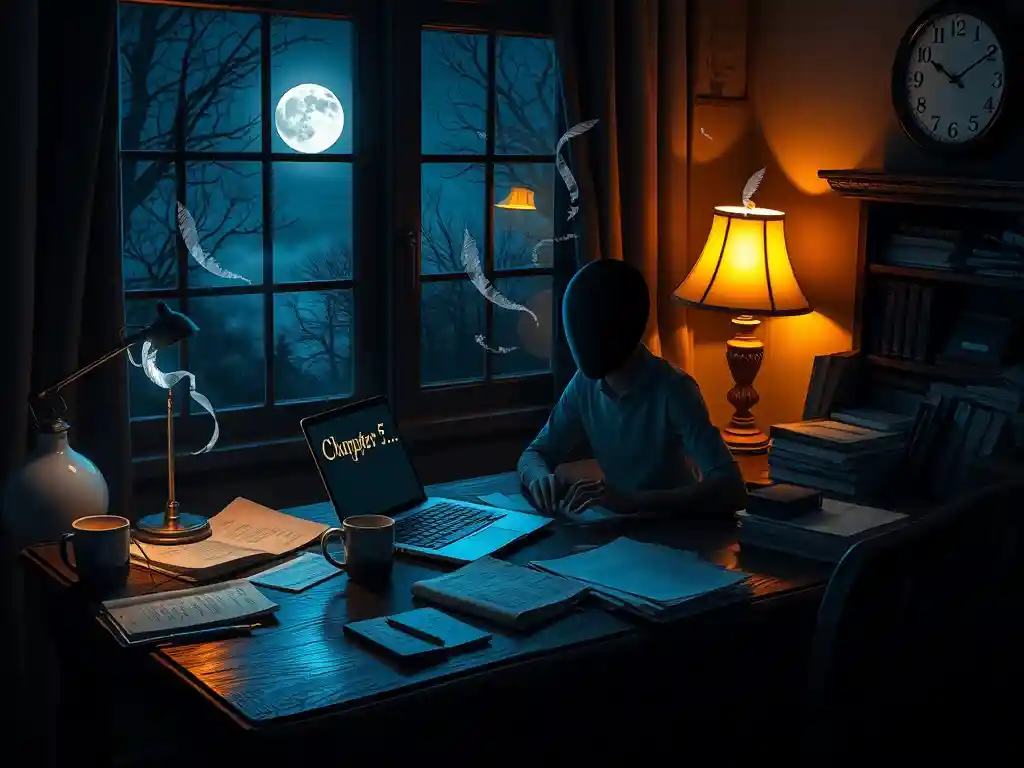 A ghostwriter crafting lyrics in a modern studio setting.