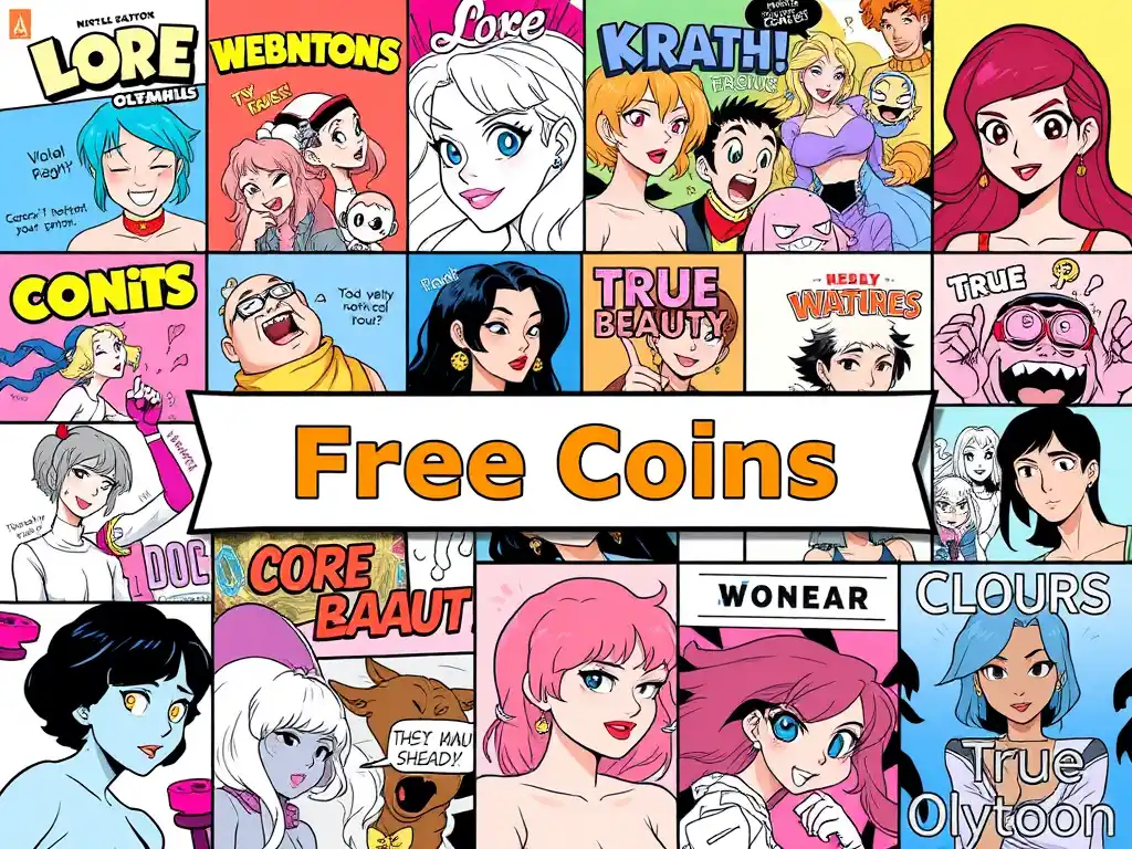 A vibrant collage of popular Webtoon comics like *Lore Olympus* and True Beauty with a "Free Coins" banner