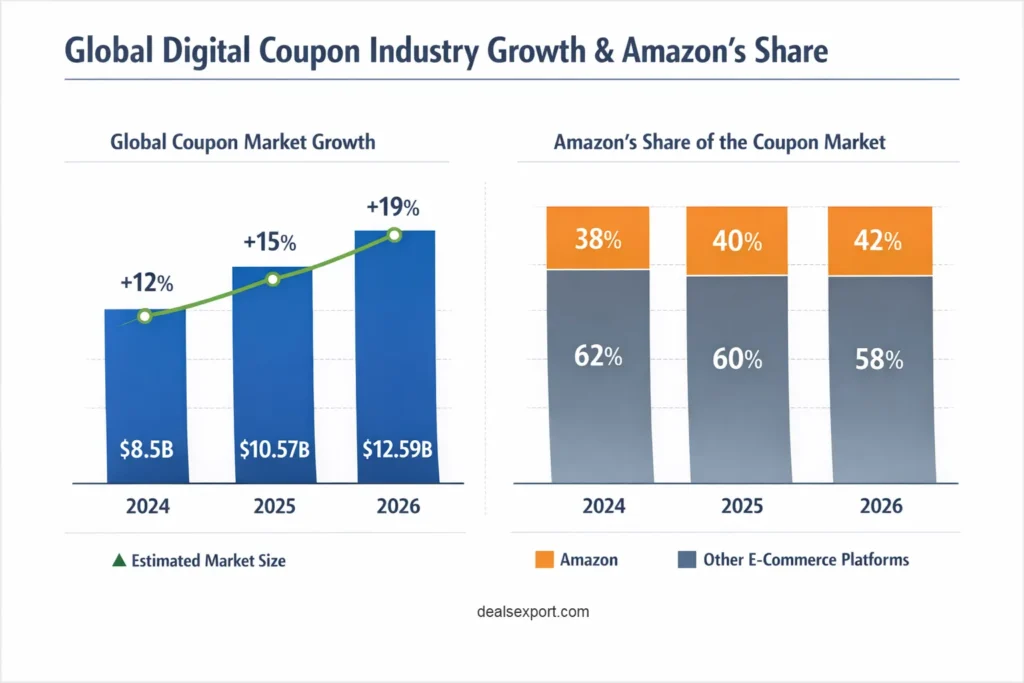 showing the year-over-year growth of the global digital coupon industry from 2024 to 2026, highlighting Amazon’s share of the market compared to other major e-commerce players. Use a combination of a bar chart and a line graph to illustrate overall industry growth and Amazon’s market share over time.