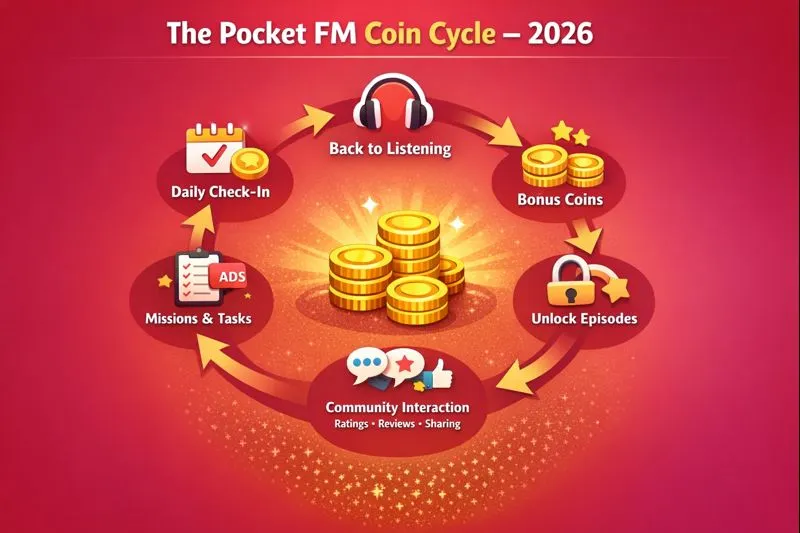A circular flow chart showing: Daily Check-in -> Missions -> Ad Viewing -> Unlocking Episodes -> Community Review -> Bonus Coins.
