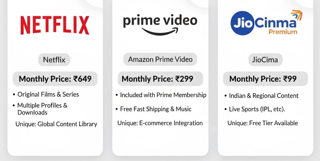 Netflix, Amazon Prime Video, and JioHotstar side-by-side